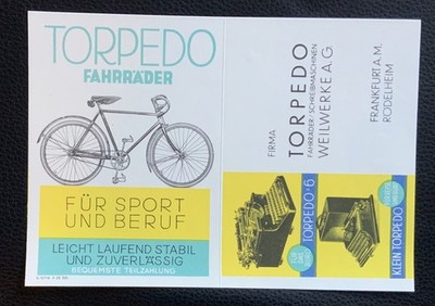 TORPEDO  FAHRRÄDER / SCHRIBMASCHINEN  ALTE  LITOGRAPHIERTE  WERBUNG  1929