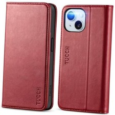 Case for iPhone 15 6.1", PU Leather Flip Wallet Case, Stand Folio Dark Red