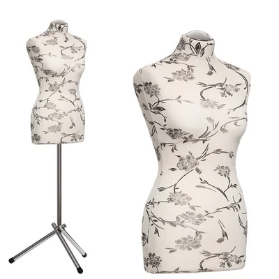 DUMMYDOLL Schneiderpuppe Damen, Kleiderpuppe, Überzug mit schwarzen Blumen, Dreibein Chrom