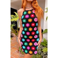 NEW Show Me Your Mumu Happy Halter Mini Dress Multi Black Flower Crochet Size L