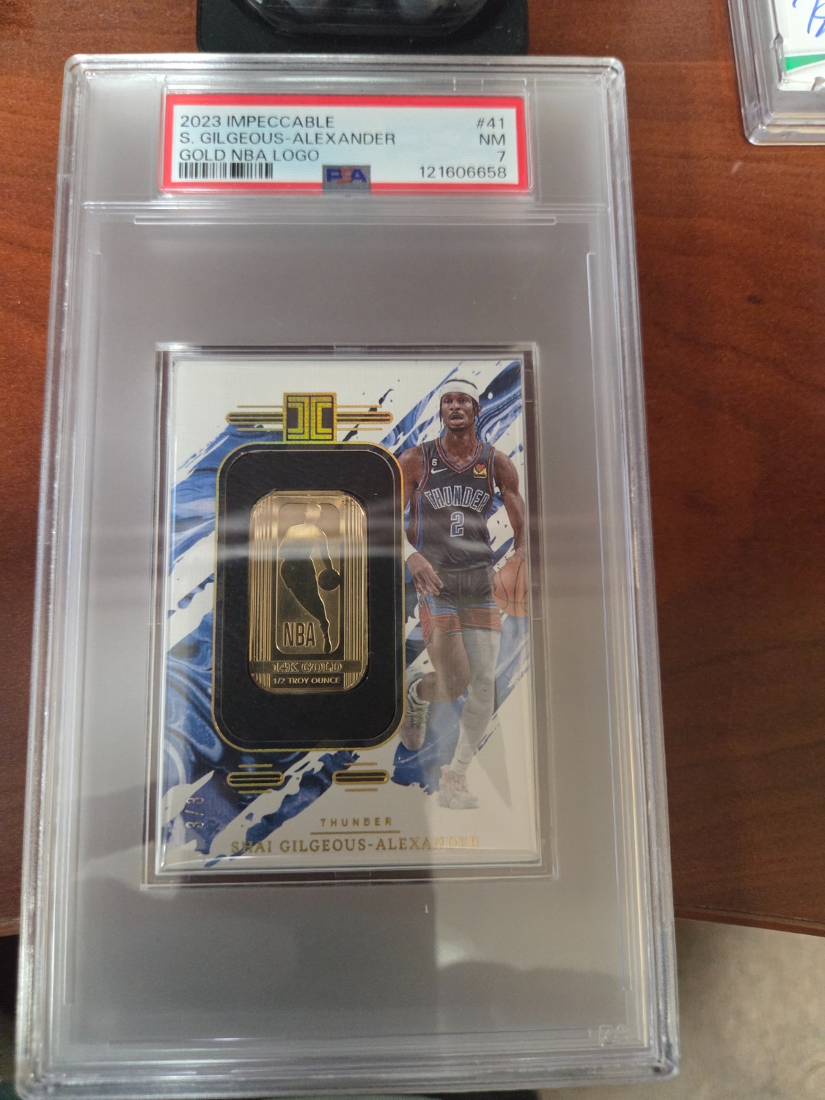 2023-24 Panini Impeccable SGA 1/2oz 14k NBA Logoman Gold Bar 3/3 PSA 7 view 1