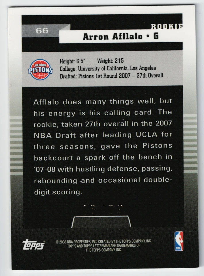 2007-08 Topps Letterman Arron Afflalo Rookie RC Refractor /99 #66 Pistons - Image 2 of 2