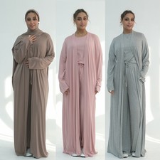 3Pcs Sets Muslim Women Hijab Open Kaftan Top Wide Leg Pants Cardigan Ramadan Eid
