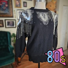 Vintage 80s Black Beaded Fringe Sweater Embellished Shoulder Sparkle Glam Size S