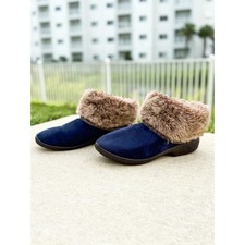 Isotoner Faux Fur Slipper Booties Navy Blue Cozy House Shoes Women s 6-7