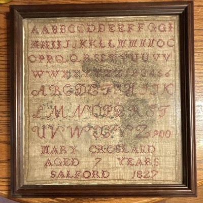 Antique 1827 Salford Sampler Mary Crossland Age 7 Fabric Cotton Beige Red Brown