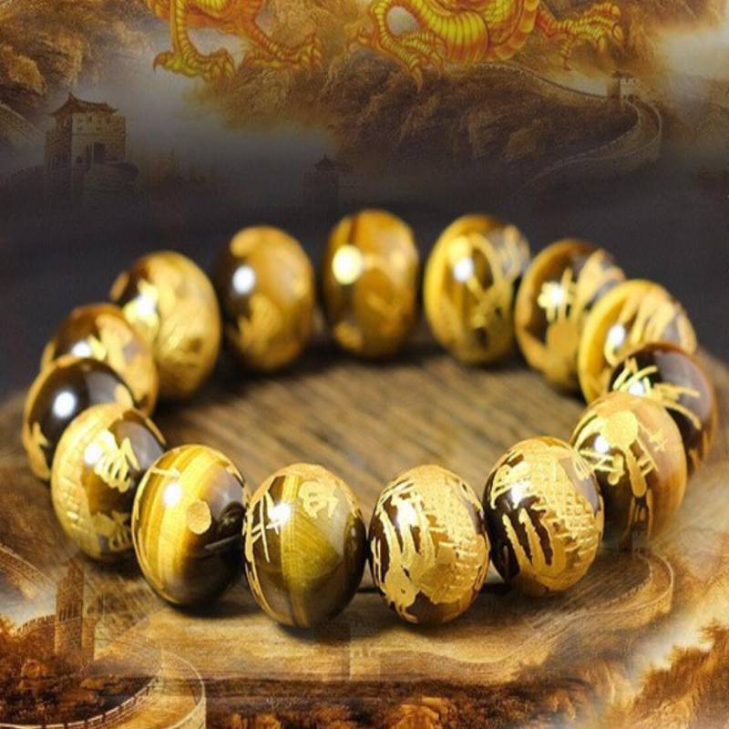 14mm Natural Tiger Eye Stone Carved Dragon Hand Cuff Bracelet Trendy Artisan