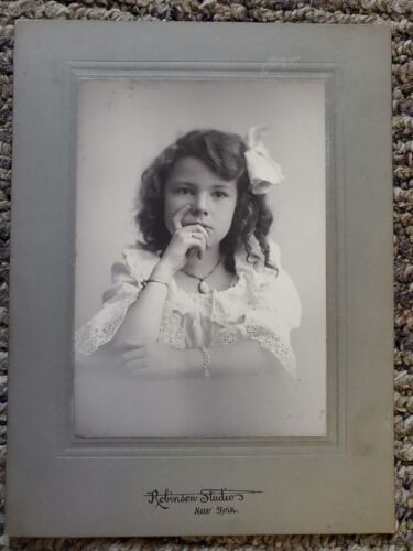 Antique Photo On Board Little Girl Posed Jewelry Image Cute Bow Dress - Picture 1 of 5