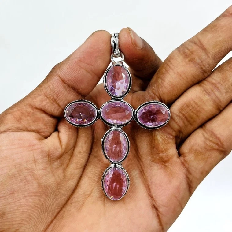 Colgante Cruz Topacio Rosa Plata de Ley 925 Hecho a Mano Piedras Preciosas Joyería Regalo para Foto 2 de 4