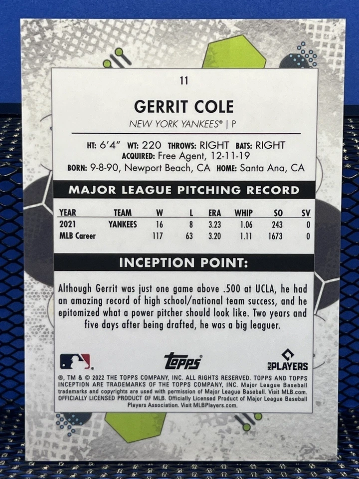 2022 Topps Inception GERRIT COLE New York Yankees 11 - Image 2 of 2