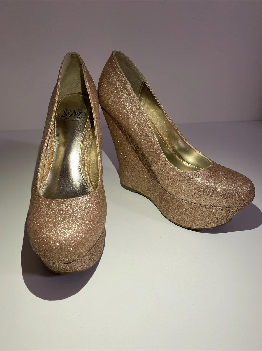Gold store evening wedges