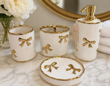 Luxury White  Gold Bow Ceramic Bathroom Accessory Set Soap Dispenser Toothbrush