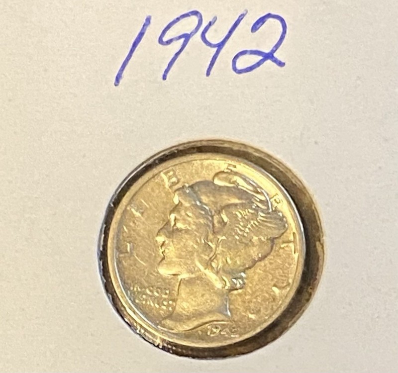 1942 Mercury Dime Au Philadelphia WW II Era 90% Silver Winged Liberty Us Coin