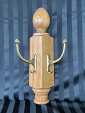 Oak Wooden Hanging Coat Rack with 2 Brass Hook. Made In USA . Wall Mounted.