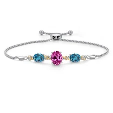 925 Silver and 10K Yellow Gold Pink Created Sapphire and London Blue Topaz and