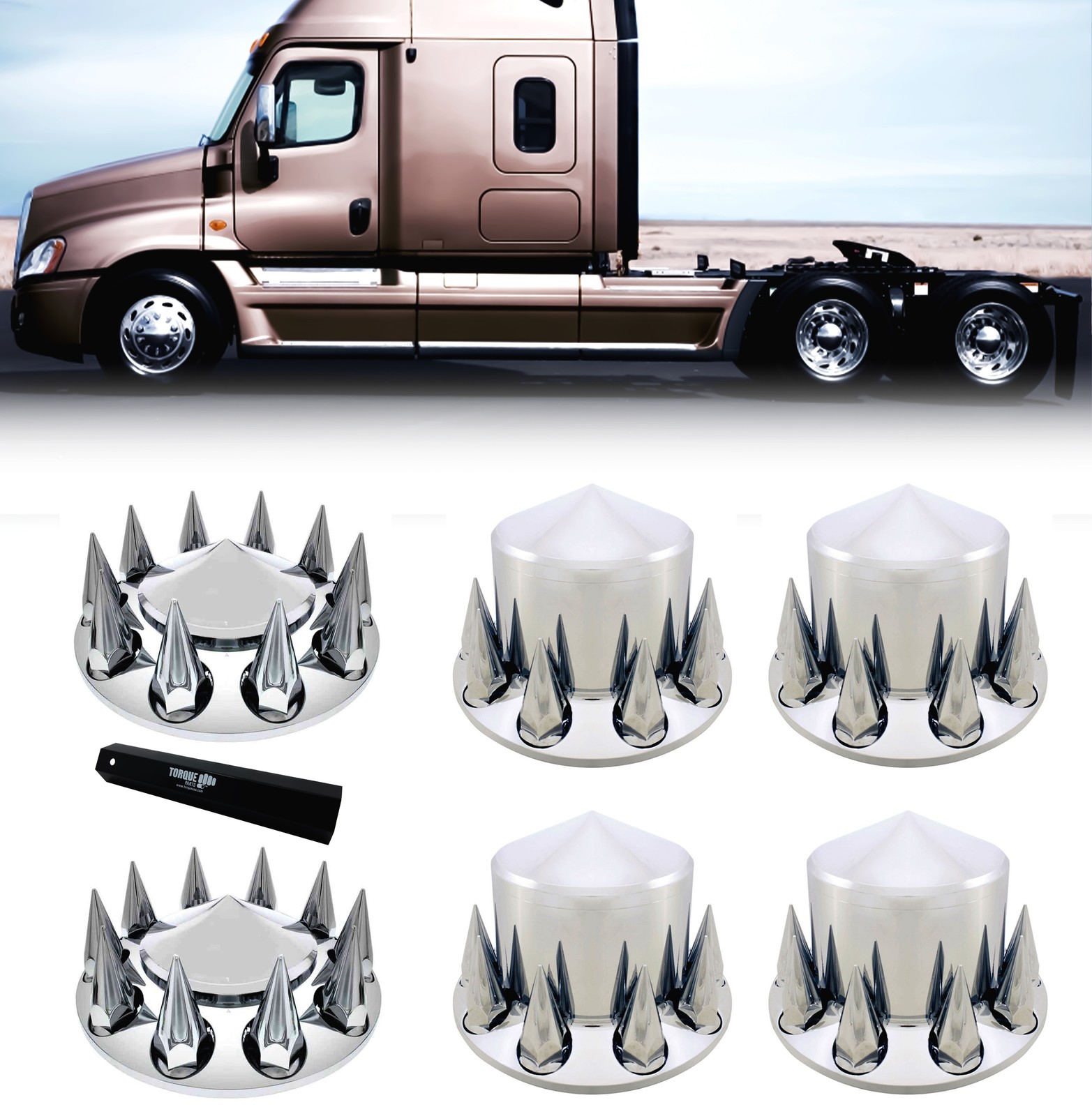 Chrome Semi Truck Wheel Axle Covers with Spiked Hub Caps and 33mm Lug Nut Covers