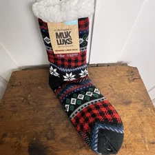 New MUK LUKS Womens Grippy Sherpa Cozy Cabin Pattern Fairisle Tall Slipper Socks