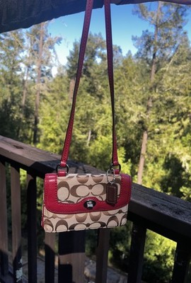 VINTAGE COACH Crossbody Purse Wallet w Turn Lock Khaki/Red Silver