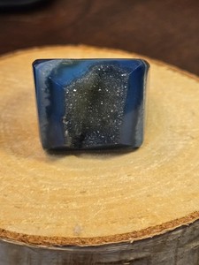 Big Banded Blue Agate Druzy Ring With Crystals, Genuine Carved Agate