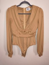 Princess Polly Camel Ruched Deep V Long Sleeve Bodysuit Size US 6