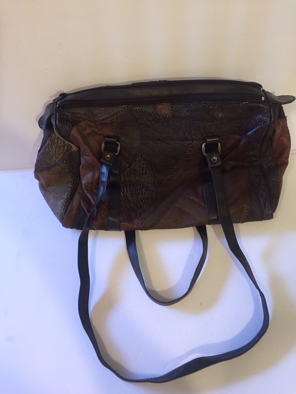 Brown Leather Suede Patchwork Handbag Double Zipp… - image 1