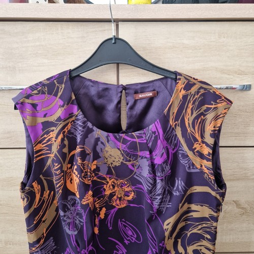 Women's Savoir Purple Patterned Fitted Midi Dress Lined Size 14 New - Picture 2 of 6