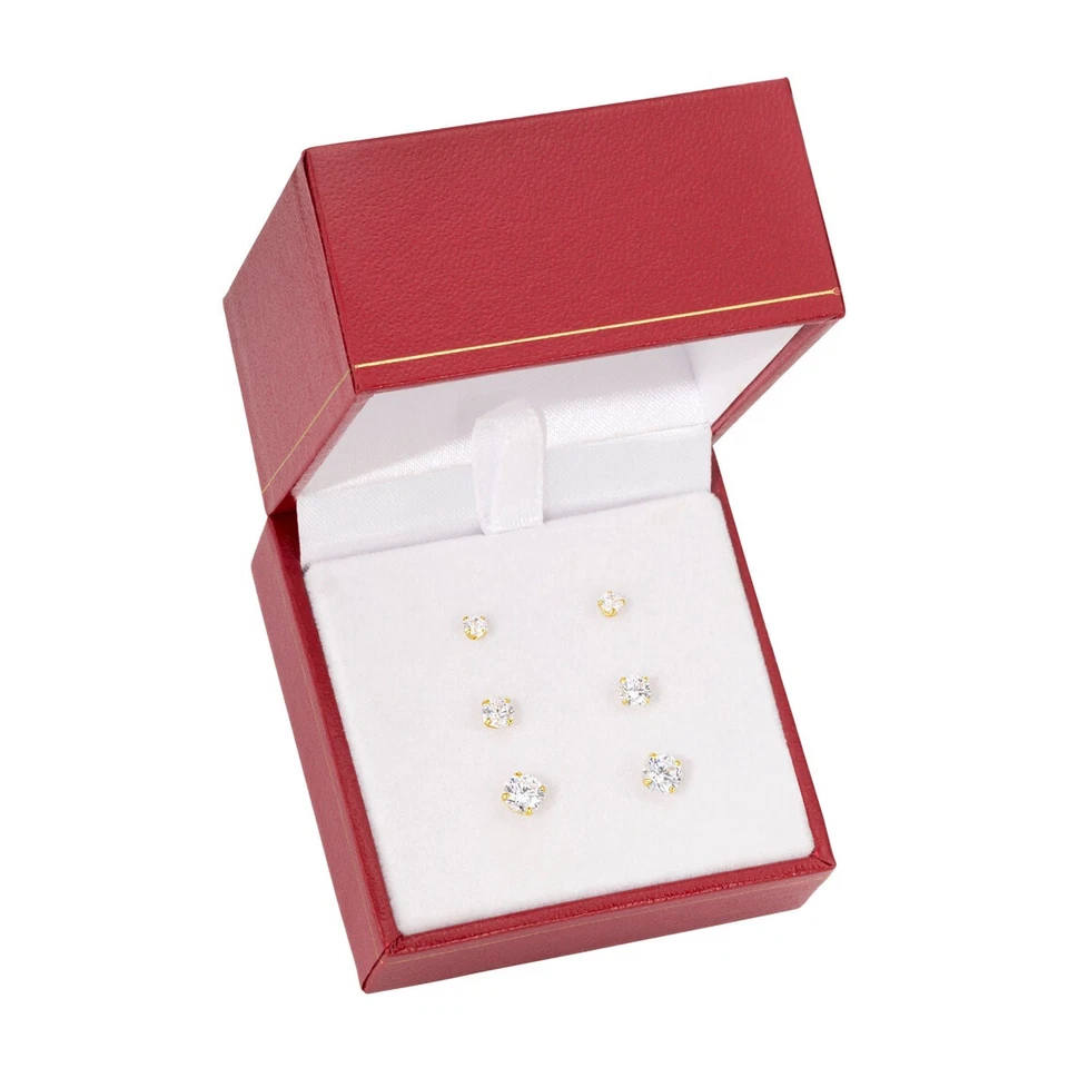 Set of 3! 10K Real Solid Gold Solitaire Round CZ Sleeper Stud Earrings Screwback - image 2 of 4