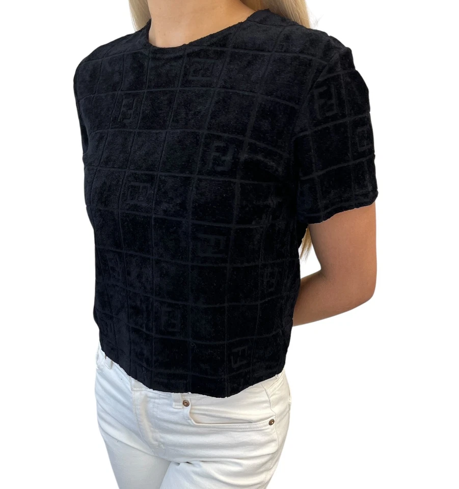 Camiseta FENDI Vintage FF Logo Terciopelo Manga Corta #46 Rayón Negra Foto 2 de 4