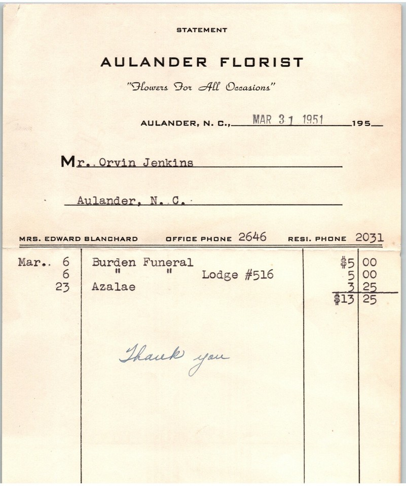 Vintage 1951 Aulander Florist Invoice Bill Flowers For All Occasions