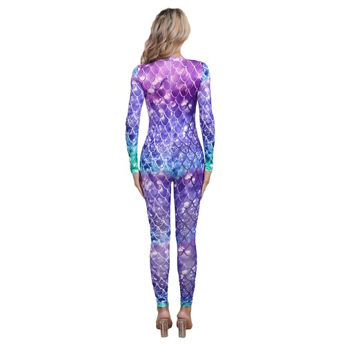 Women Mermaid Cosplay Costume Jumpsuit Fish Scale Print Bodysuit Catsuit AU - Picture 22 of 93