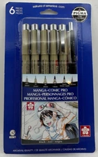 (6PCs) Sakura Pigma Manga Comic Pro, 50201, Sketching & Inking , Black Ink