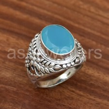 Aqua Blue chalcedony Ring, 925 Sterling Silver, Flower Print Ring, Handmade Ring