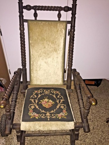 ANTIQUE EASTLAKE VICTORIAN TURNED WALNUT GOLD VELVET/NEEDLEPOINT ROCKING CHAIR - Picture 9 of 12
