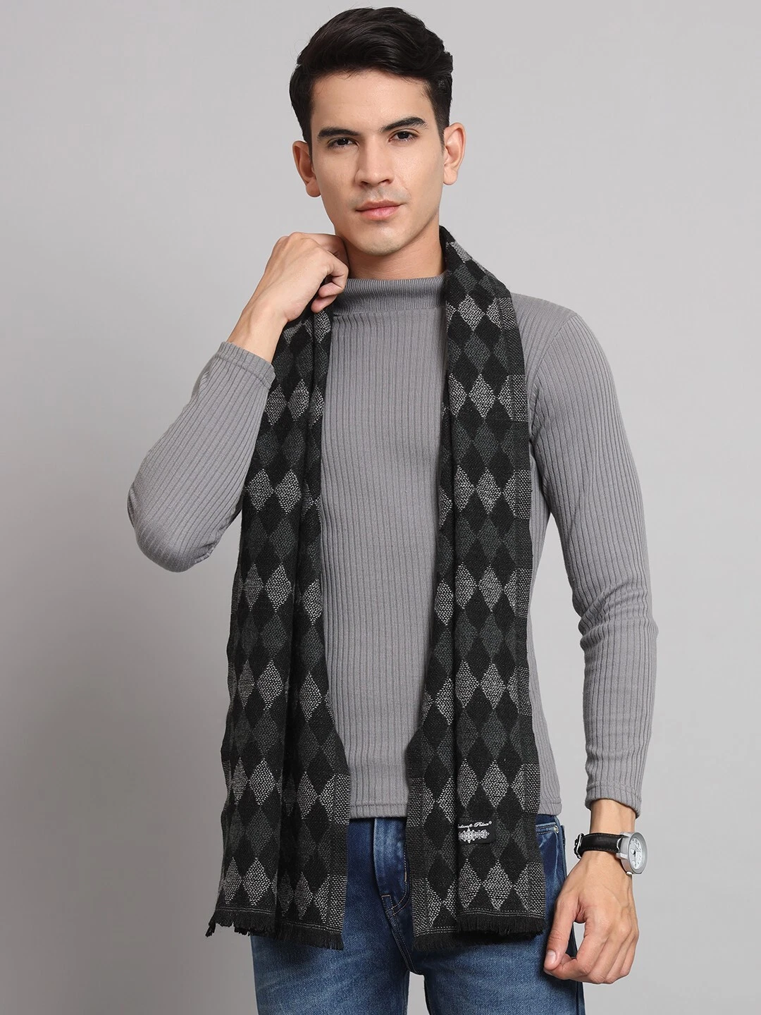 Winter Unisex 100% Cashmere Abstract Wool Scarf India Made Black Gray Scarves