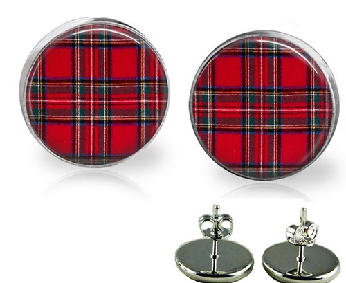 Rot grün blau & schwarz Karomuster Glasplatte Ohrstecker in 2 Größen Handarbeit - Bild 1 von 2