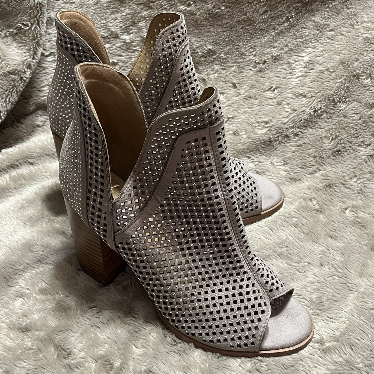 Very G Taupe Leather Suede Rhinestone Block Heeled SlipOn Bootie Boots  Women