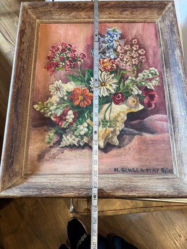 Vintage 1950 Signed Oil Painting by M. Senger - Framed Still Life Flowers 20x24 - Picture 8 of 11