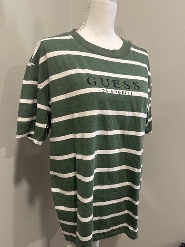 VINTAGE Guess Striped Shirt Adult Large Green White Logo Embroidered 90s Mens - Picture 2 of 6