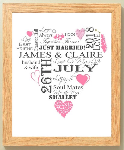 Personalizado 10x8 ROSA Y GRIS Boda y Aniversario CORAZÓN Estampado Enmarcado Regalo - Imagen 5 de 17