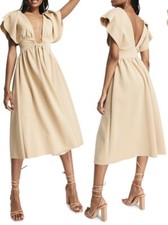 ASOS Women Plunge Neck Low Cut Back Dress Tan Size 4 *Missing a Ring* see pics