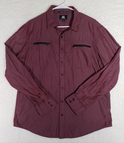Rock & Republic Mens XL Shirt Burgundy Western Long Sleeve Zip Pocket