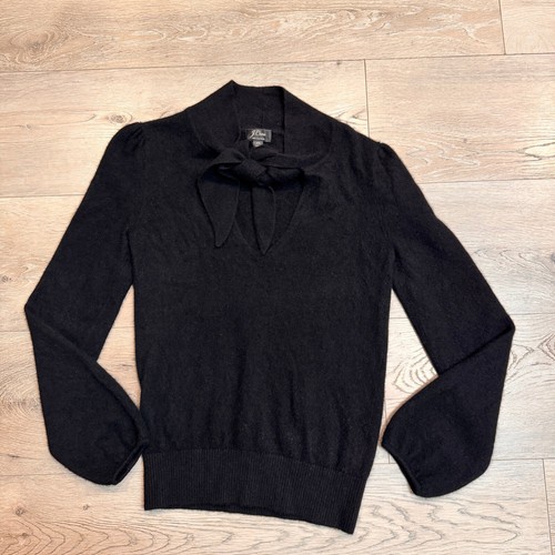 J. Crew Cashmere Tie Neck Sweater Puff Sleeve Black Soft Cozy Size XS XSmall - Picture 3 of 8
