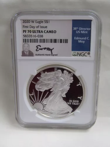 2020-S SILVER AMERICAN EAGLE PROOF NGC PF70 UC FDOI EDMUND MOY SIGNED
