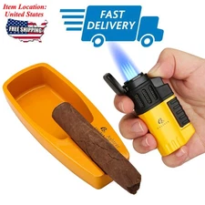 Yellow Travel Metal Cigar Ashtray 1 Slot Cigarette Holder Torch Cigar Lighter