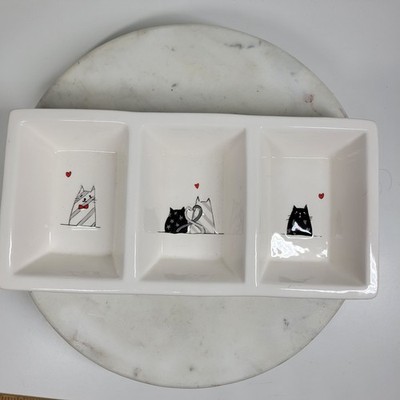 10 Strawberry Street Divided Dish Tray Cats Hearts Ceramic 3 Section Whimsical