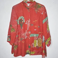 Citron 100% Silk Women's Orange Button Down Long Sleeve Top Size 2X