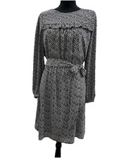 LOFT Women Size 8 Dress Black Floral With Belted Waist Long Sleeves Lined