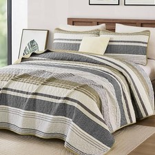 Quilt Queen Size 3 Pieces Boho Striped Bedspread Queen96"x90" Brown Grey