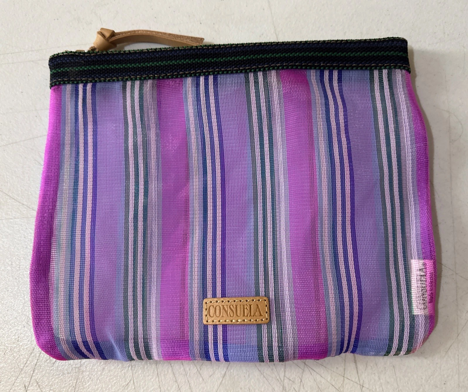 Consuela Lisa Slim Zip Pouch Makeup Organizer Bag Pink & Blue Stripe Mesh