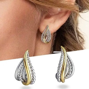 Authentic Woman 14k Gold Plated Silver&Gold Cross Geometry Earring Stud Beaded